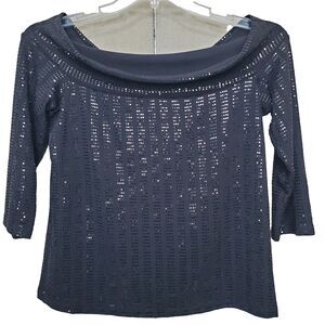 Clara SunWoo Black Sparkle Sequined 3/4 Sleeve Off Shoulder Knit Top Size Medium